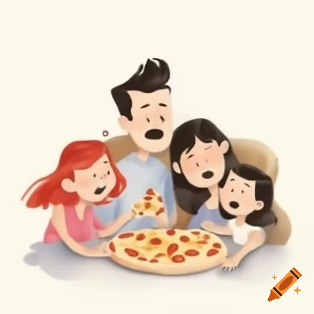 Family enjoying pizza in a cartoon watercolor style
