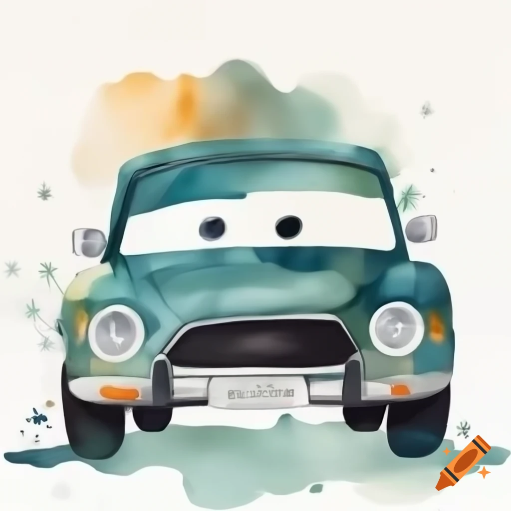 Cartoon-style car illustration on white background, watercolor