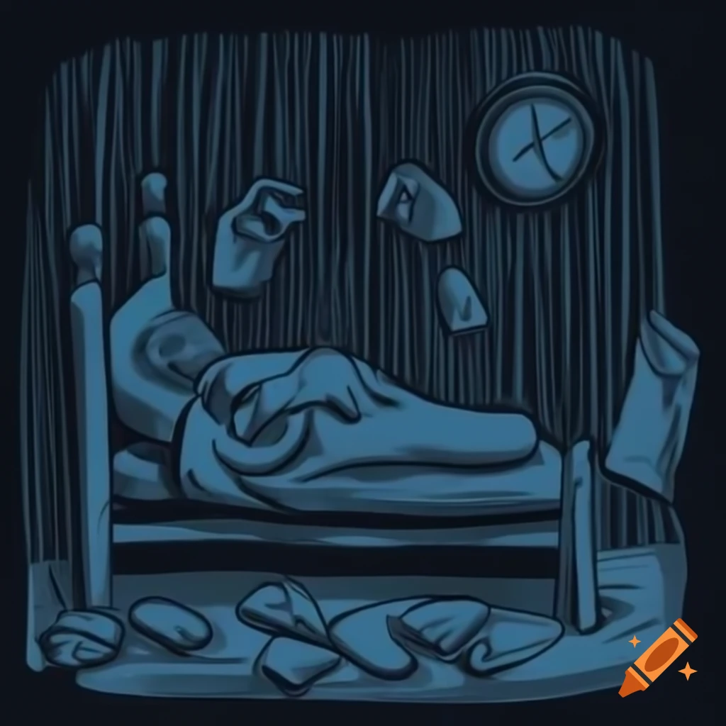 Figure curled up in bed symbolizing despair, with grave-like appearance and clock