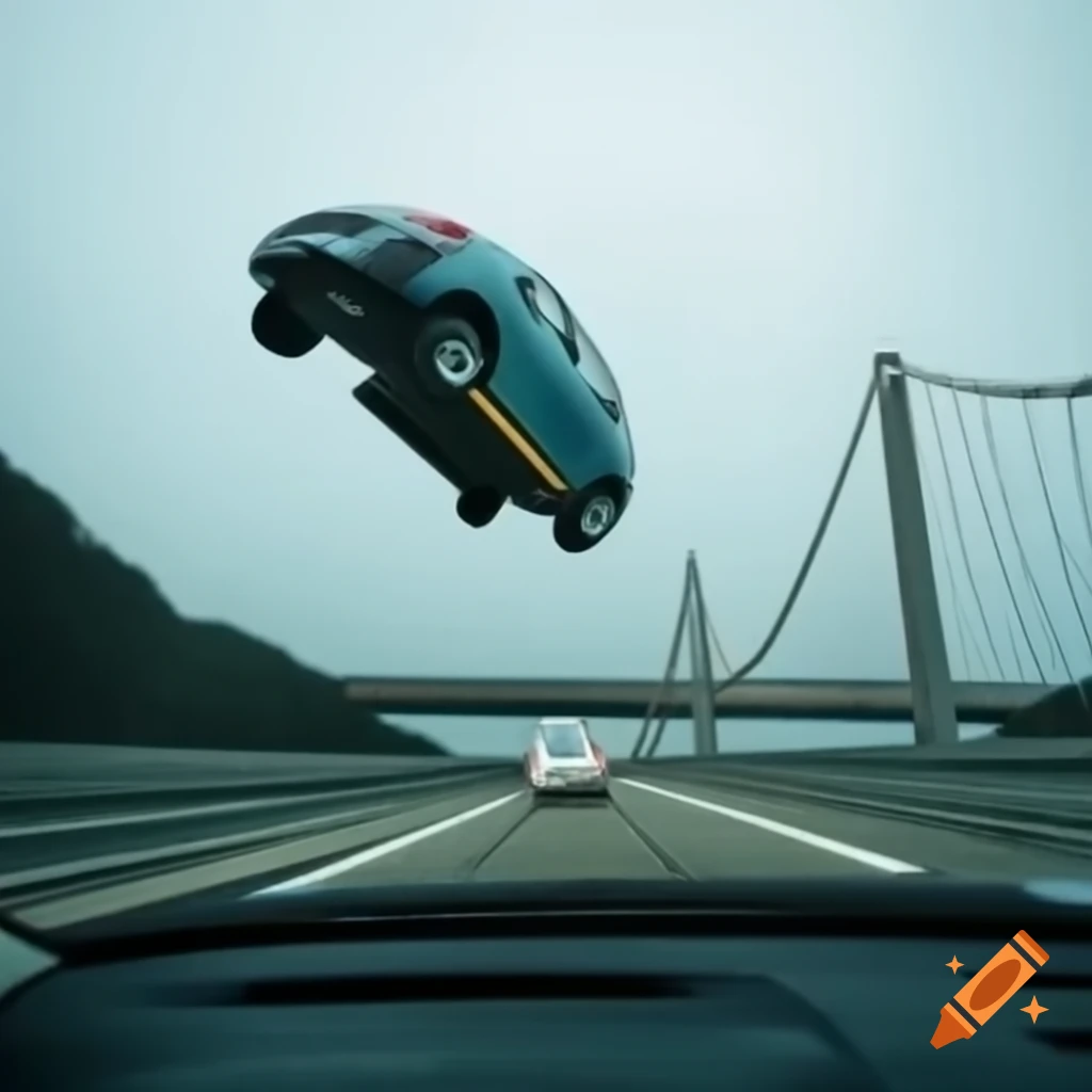 Car jumping over broken bridge with crocodiles swimming below and helicopter in the sky