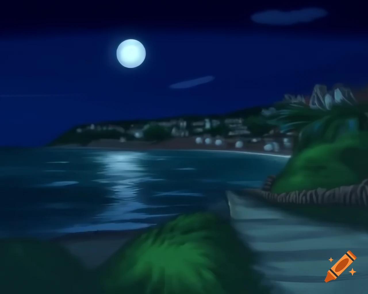 Manga style night landscape of coastal forest and medieval village on beach under full moon