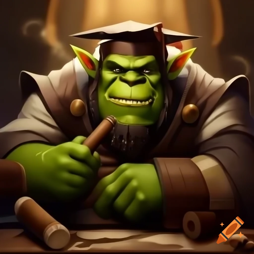 Green orc in scholar's robe with monocle and graduation cap examining antique scrolls