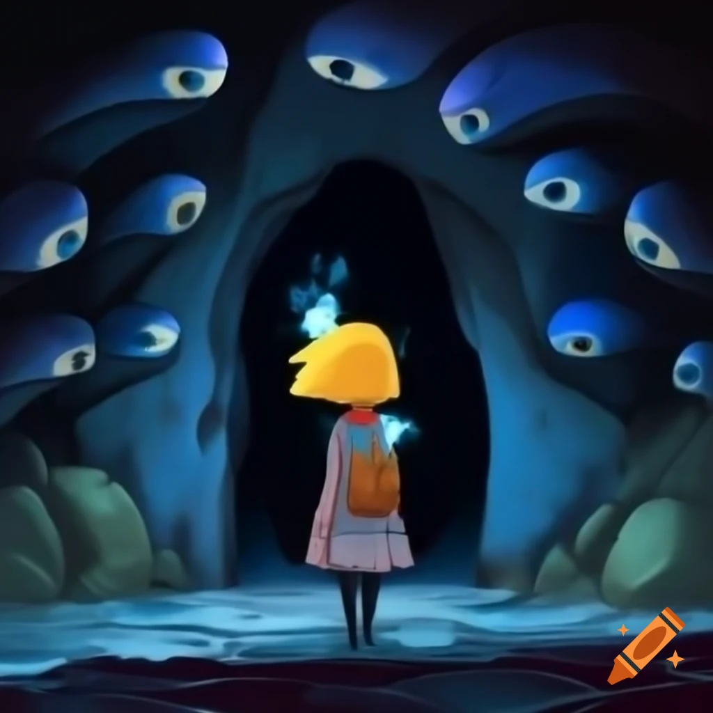 Girl with blue eyes and blond bob in front of dark cave with hydra heads