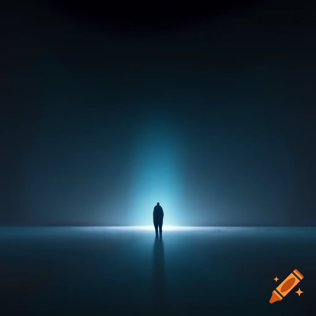 Digital art of solitary figure in vast empty space with cool muted colors and distant glowing light
