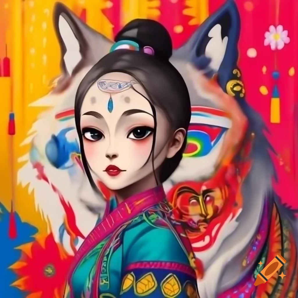 Hmong girl with wolves in a scenic setting