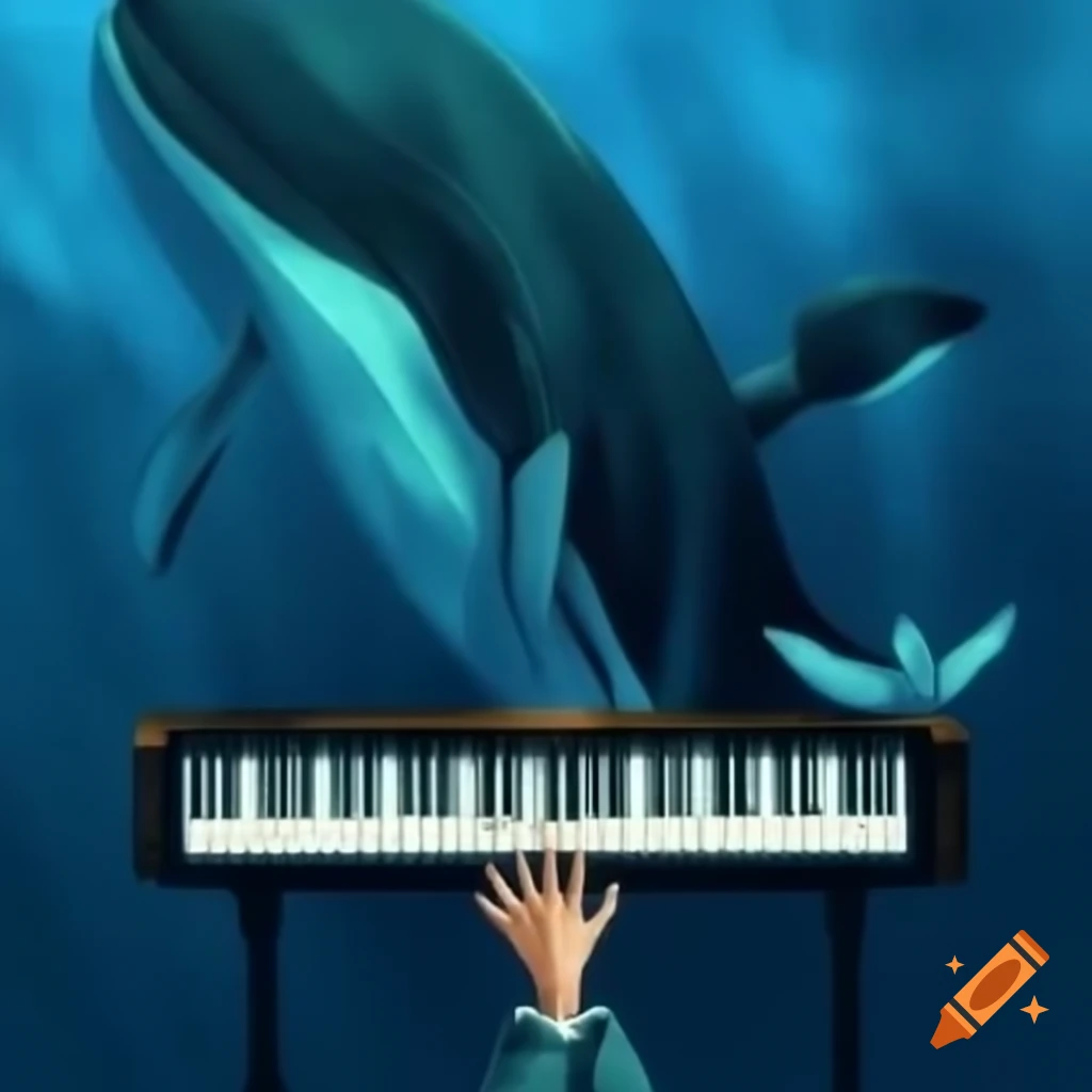 Piano accompanied by a whale, whimsical design