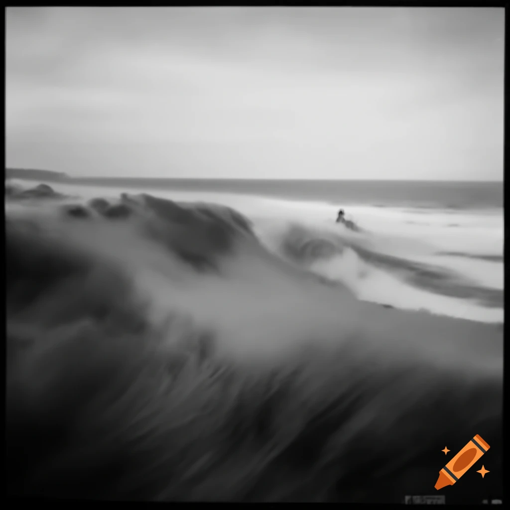 Surfer riding a large wave at a beach in Landes, France with sandy dunes and forests