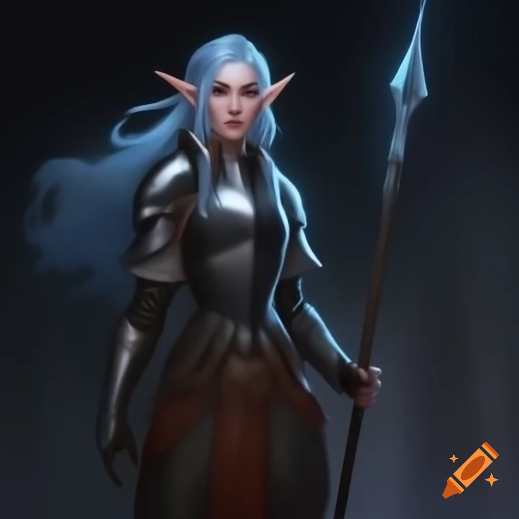 Young elven warrior in halfplate armor, ready with spear and tower shield