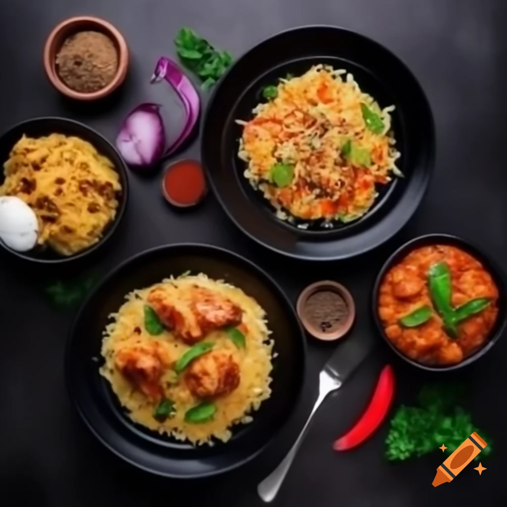 Top view of rustic plates with butter chicken, chicken biryani, rogan josh, pizza, and spaghetti surrounded by spices