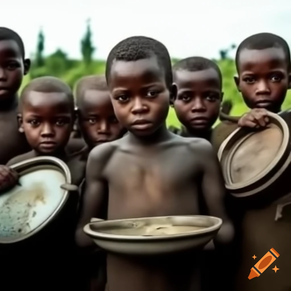 Group of children with dirty plates and torn clothes beside green trees