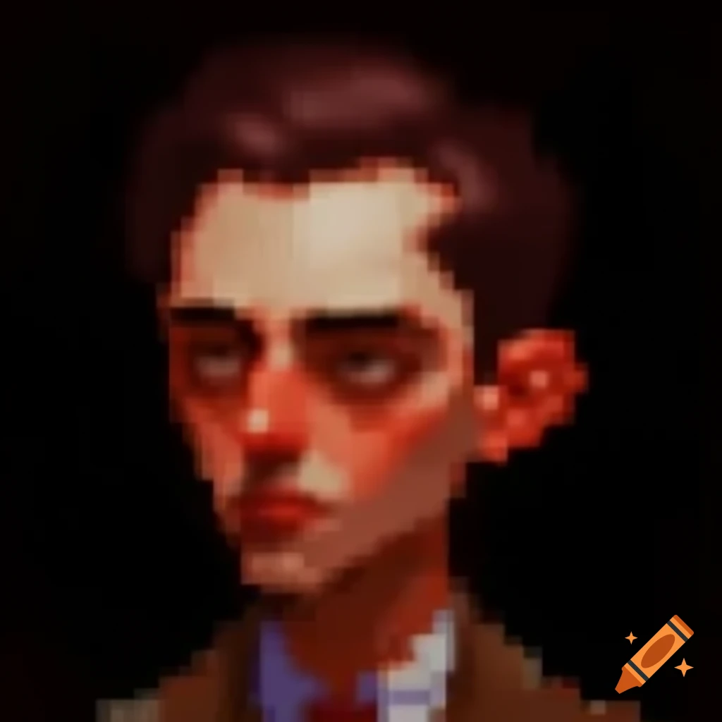 Pixel art of a steampunk man in trenchcoat and goggles on craiyon