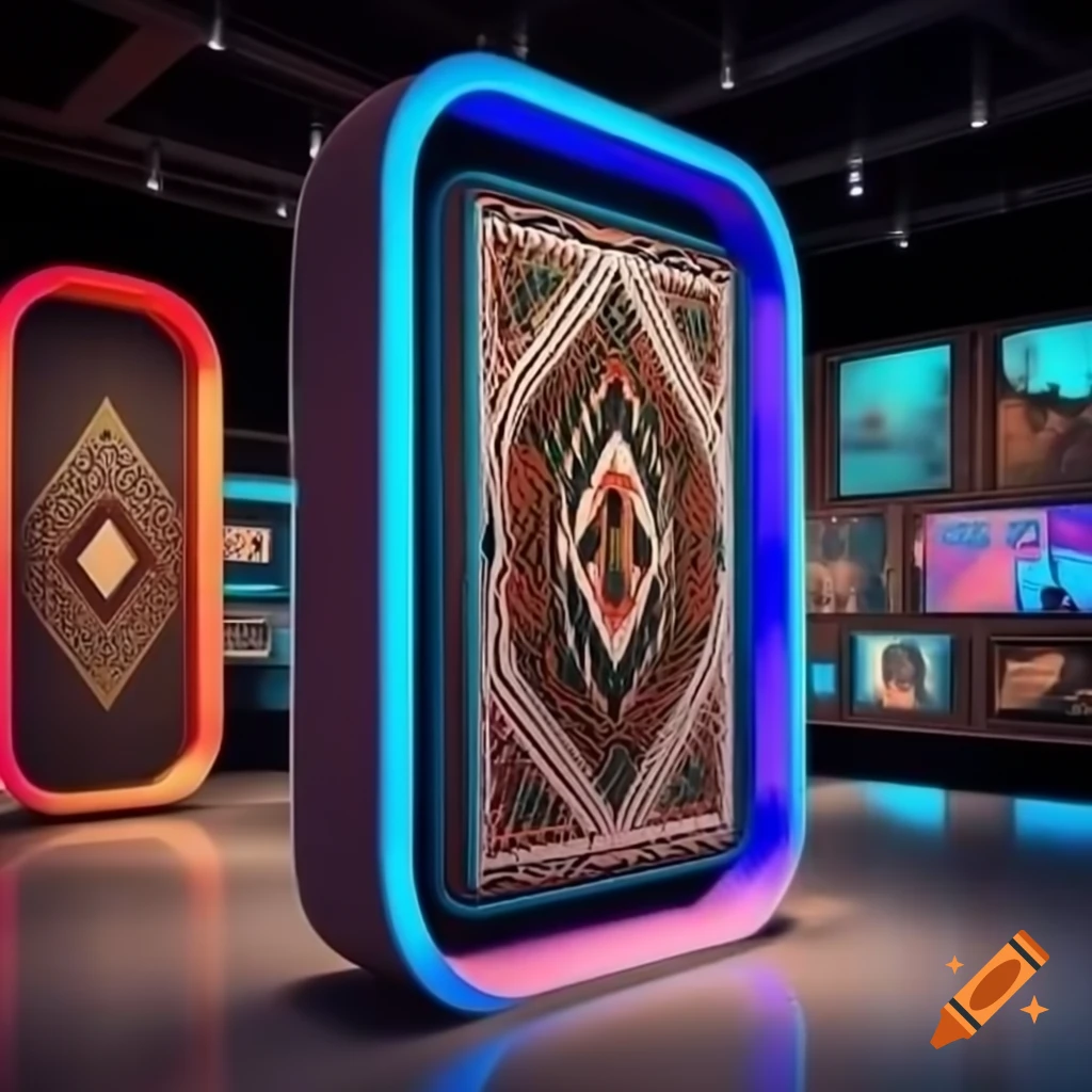 Interactive digital displays with traditional motifs in modern African-inspired setting
