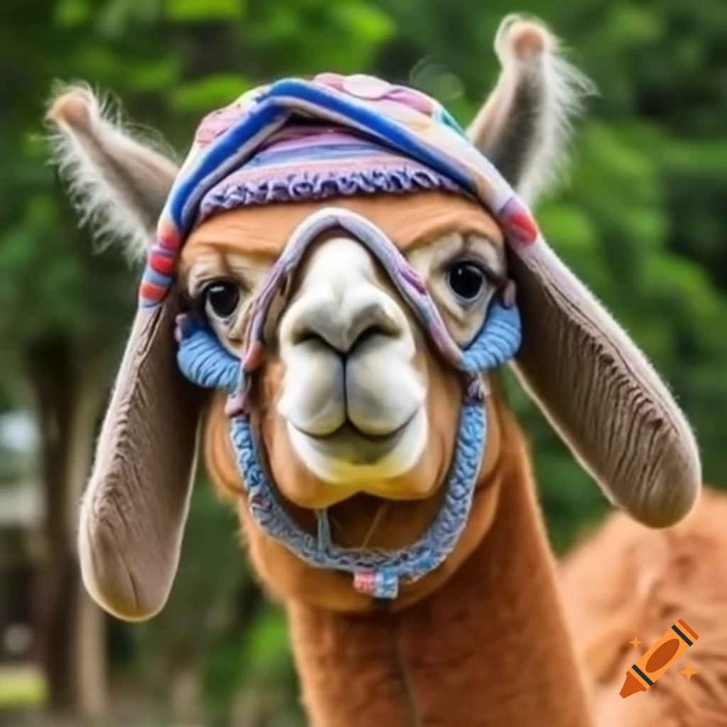 Llama wearing an elephant hat