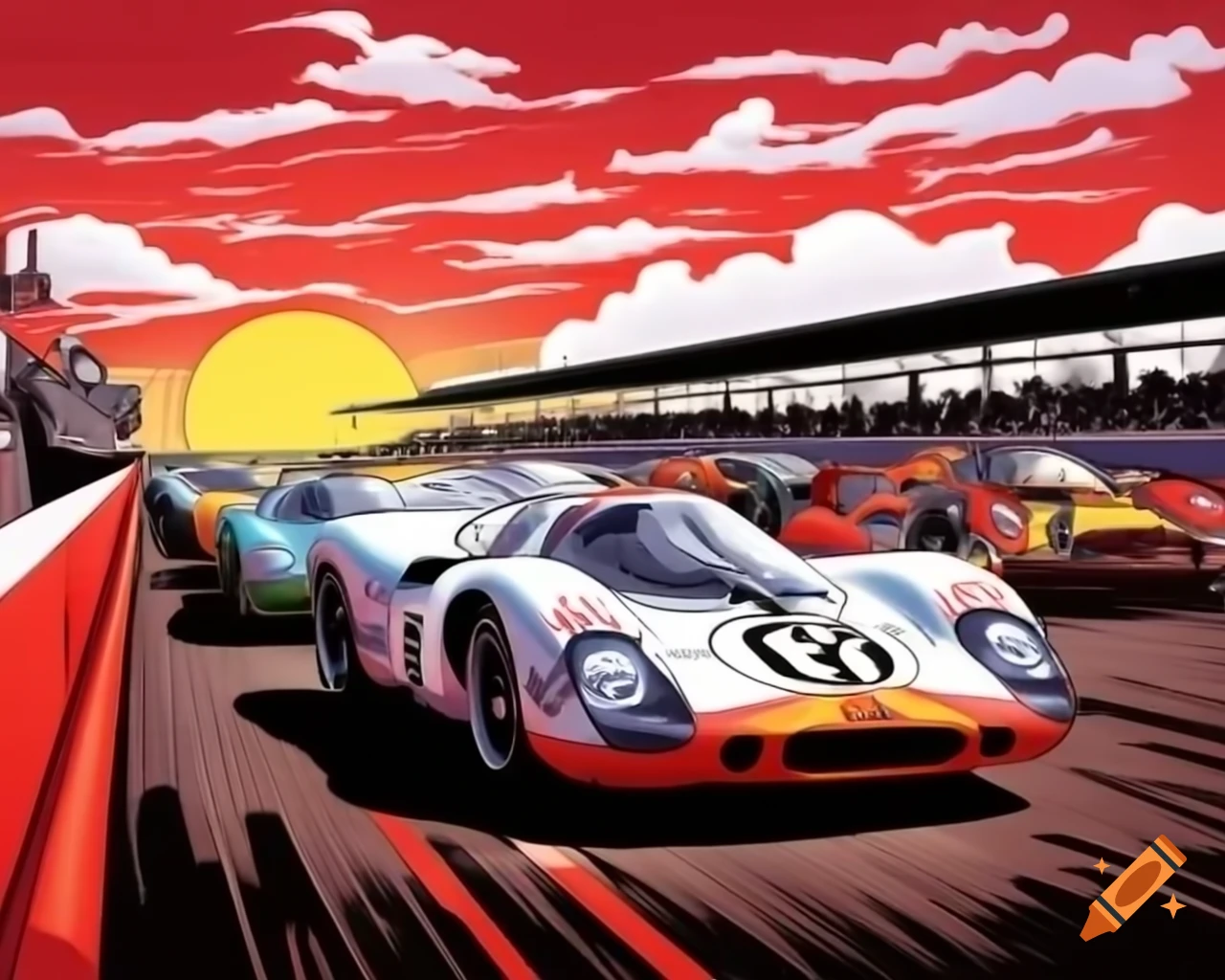 Vintage Indy Grand Prix Porsche 917 and Ford GT40 on raceway with spectators, red dust clouds, detailed illustration