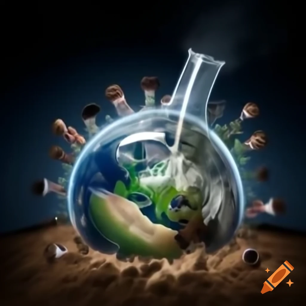 Earth in beaker with people aiding in environmental conservation