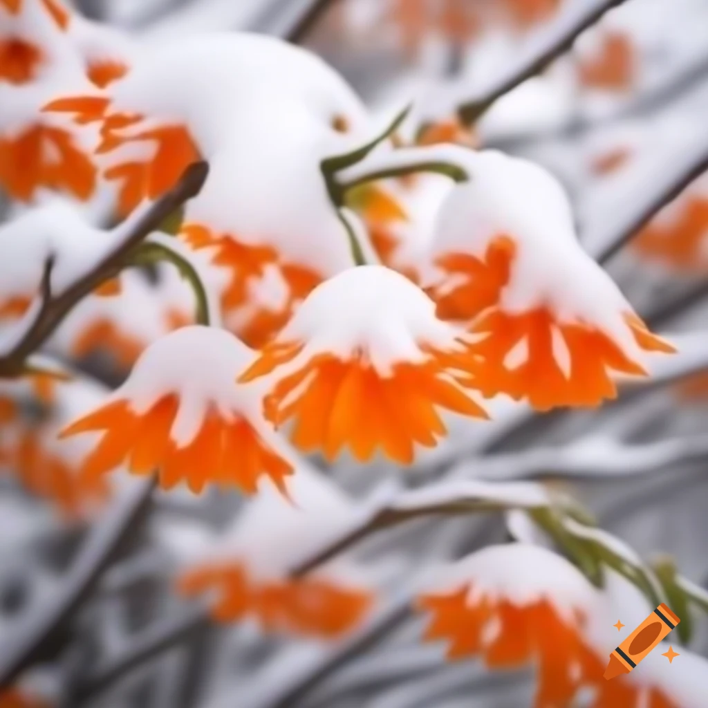 Orange flowers contrasting against white snow