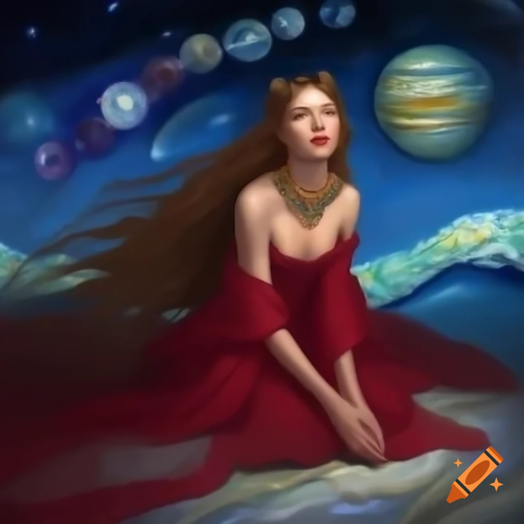 Woman in red dress adorned with crystals sitting on Jupiter, with Venus and galaxy background in Van Gogh style