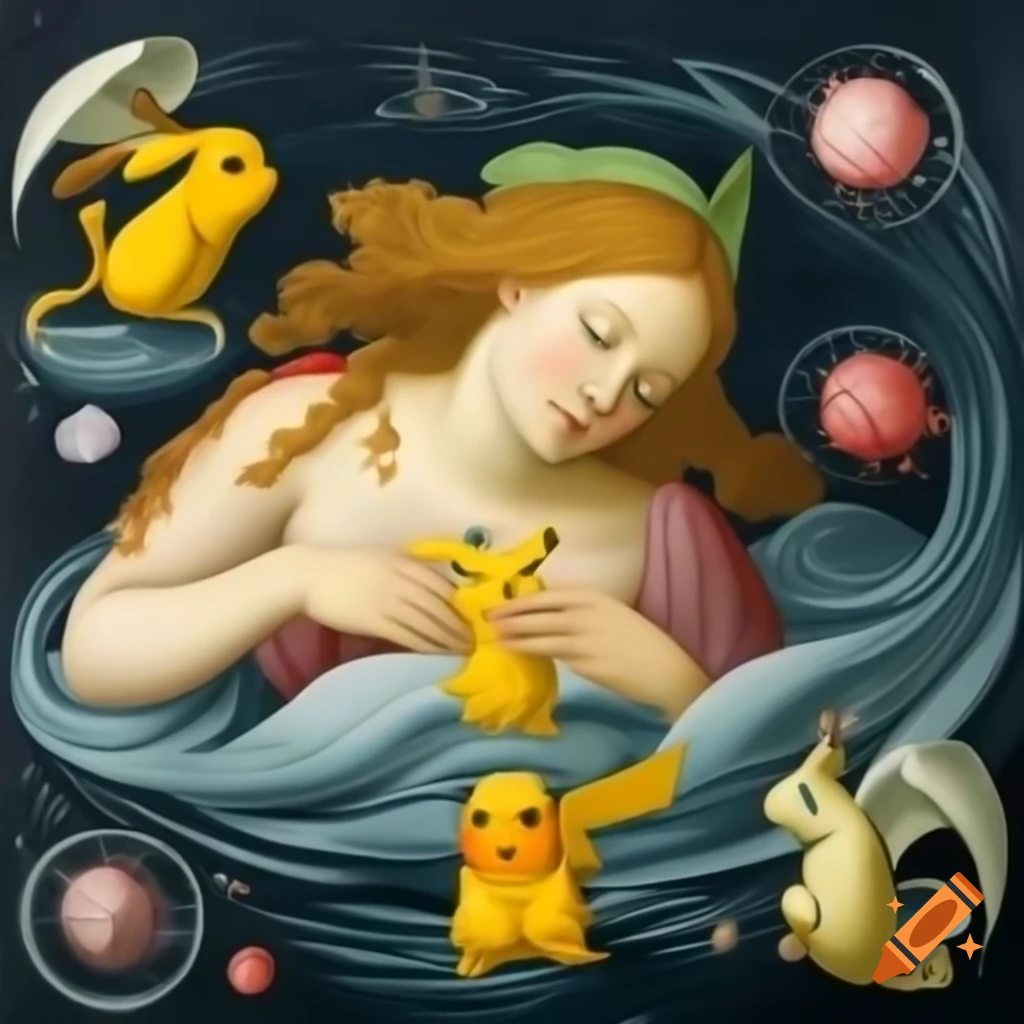 Radiant Pikachu in electric sea, inspired by Botticelli's Birth of Venus