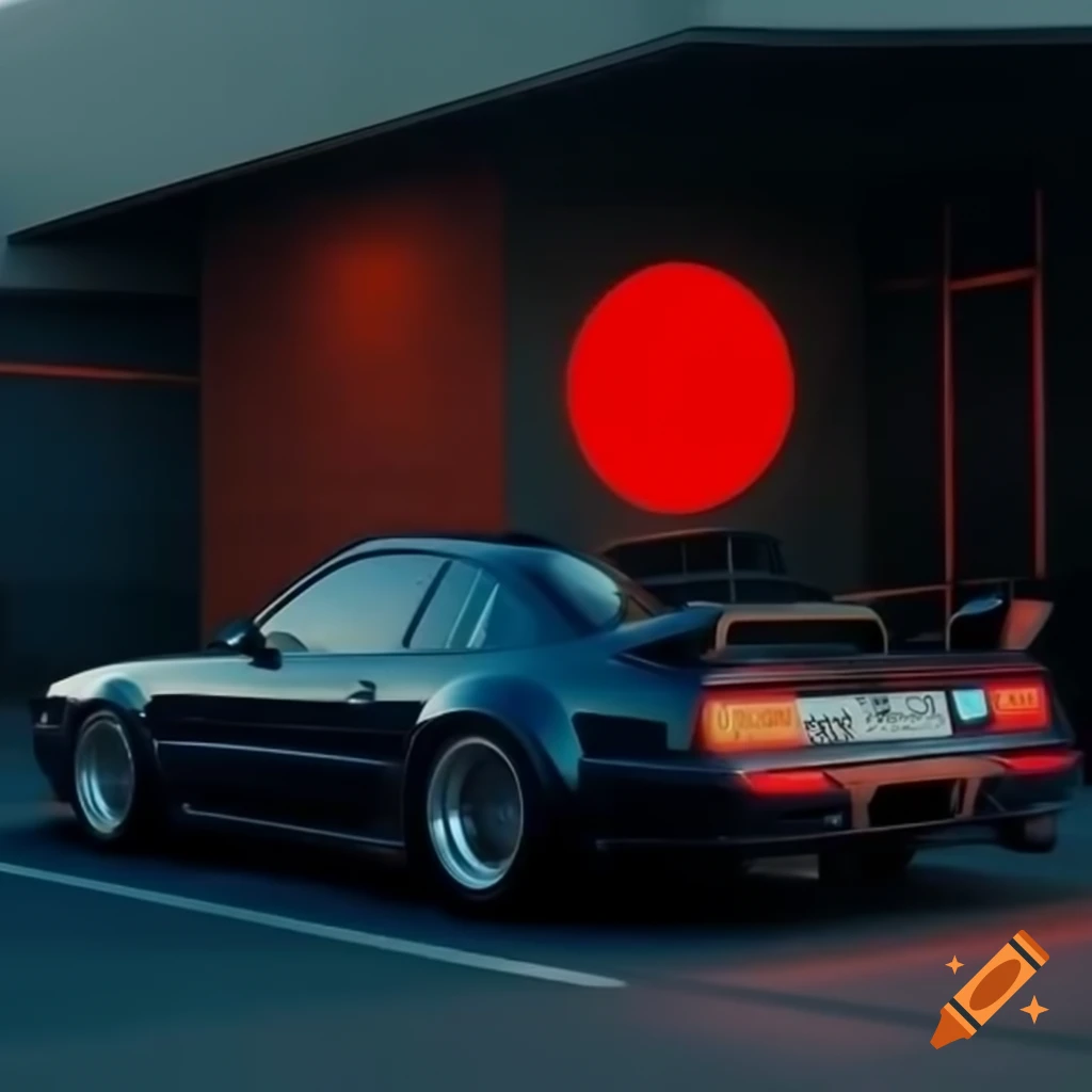 Dark blue car with red lights in center of half-built building, realistic style