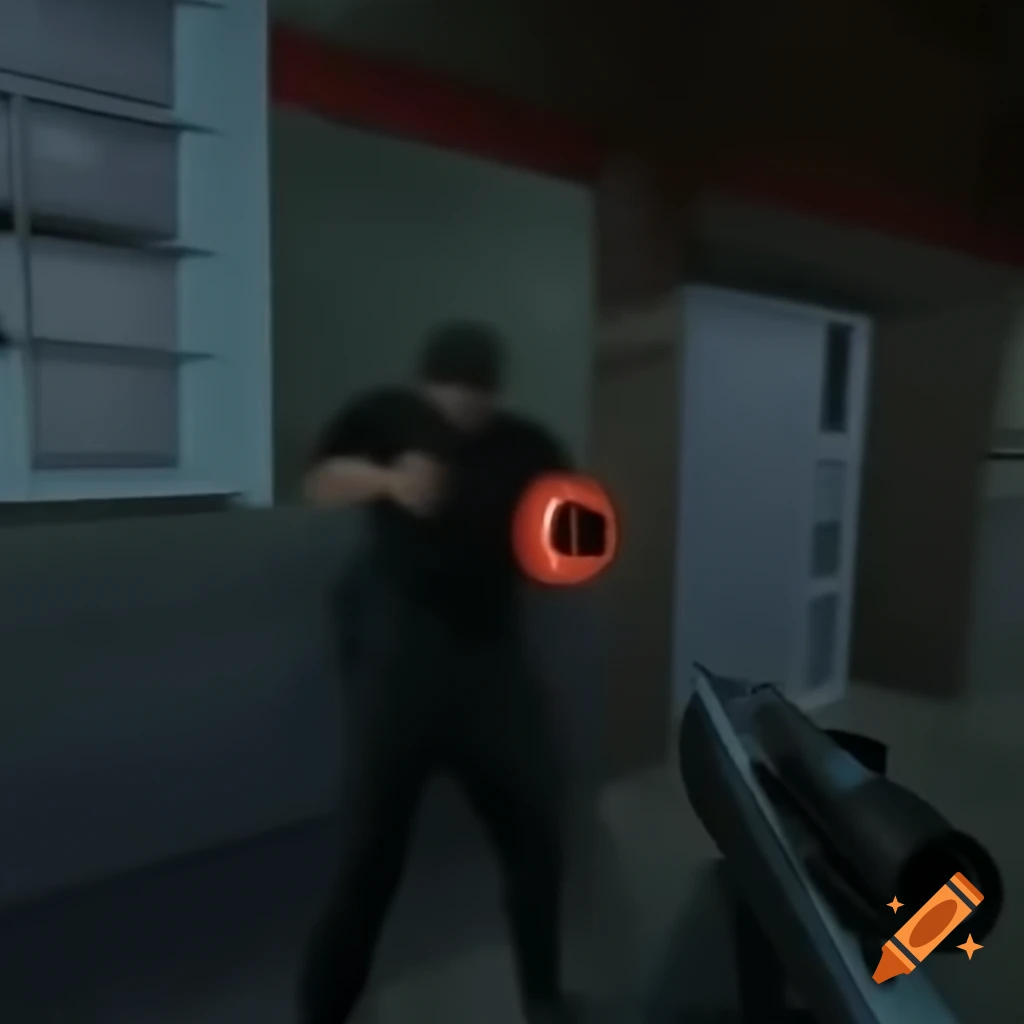 Man aiming with gun in building gully from POV perspective