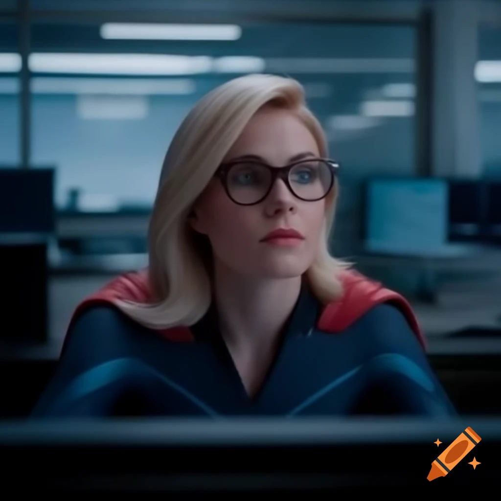 Blonde superwoman in glasses working in a bureaucracy department
