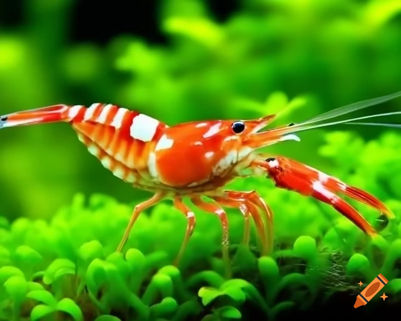 Vibrantly patterned Pistol Shrimp with large claw among lush aquatic plants