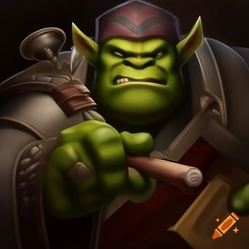 Smirking green orc professor in university mantle with cigar and monocle holding scrolls