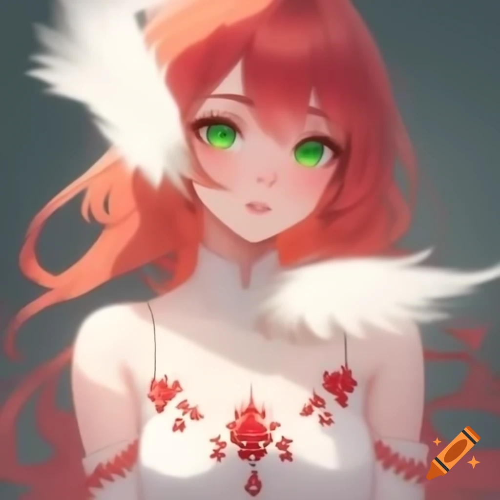 Girl with pale skin, green eyes, and red hair wearing a knee-length white dress with red details