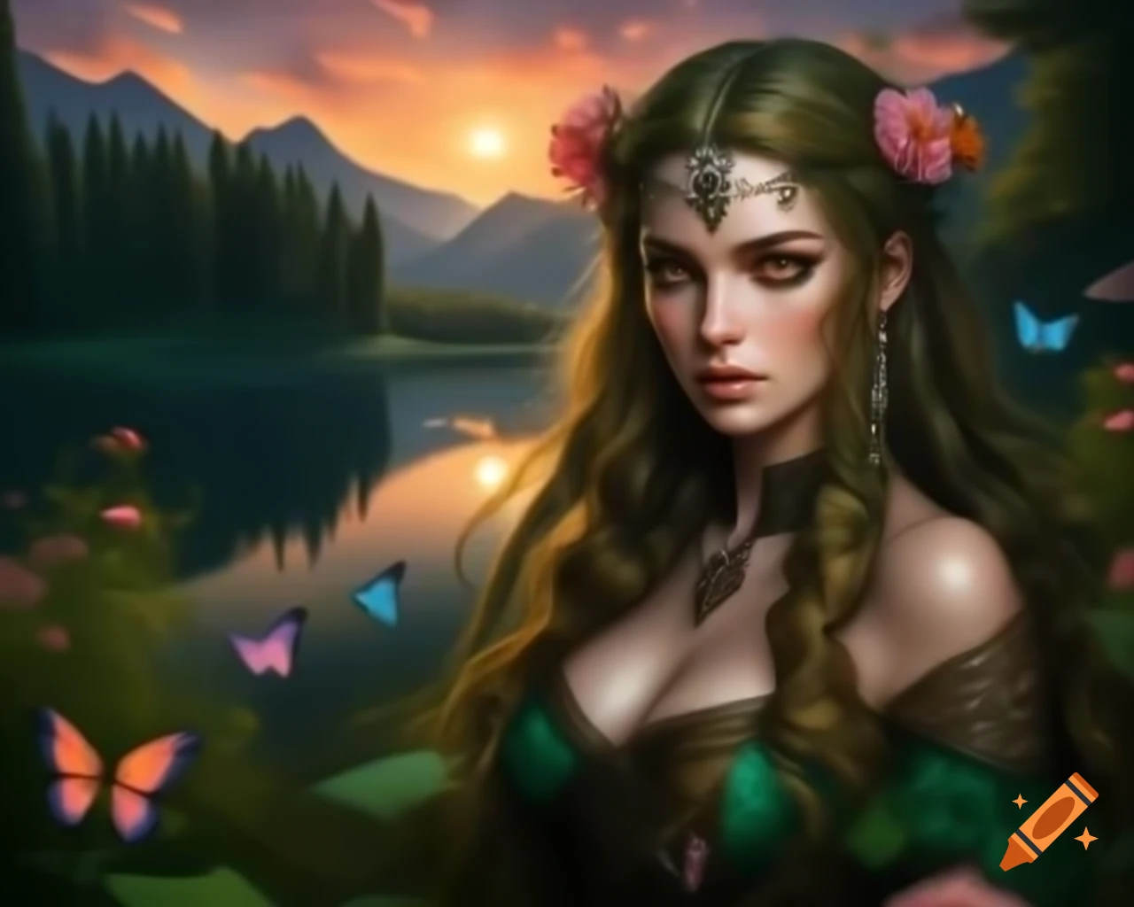 Hyperrealistic render of a mystical Norse Celtic woman adorned with flowers and butterflies in her hair