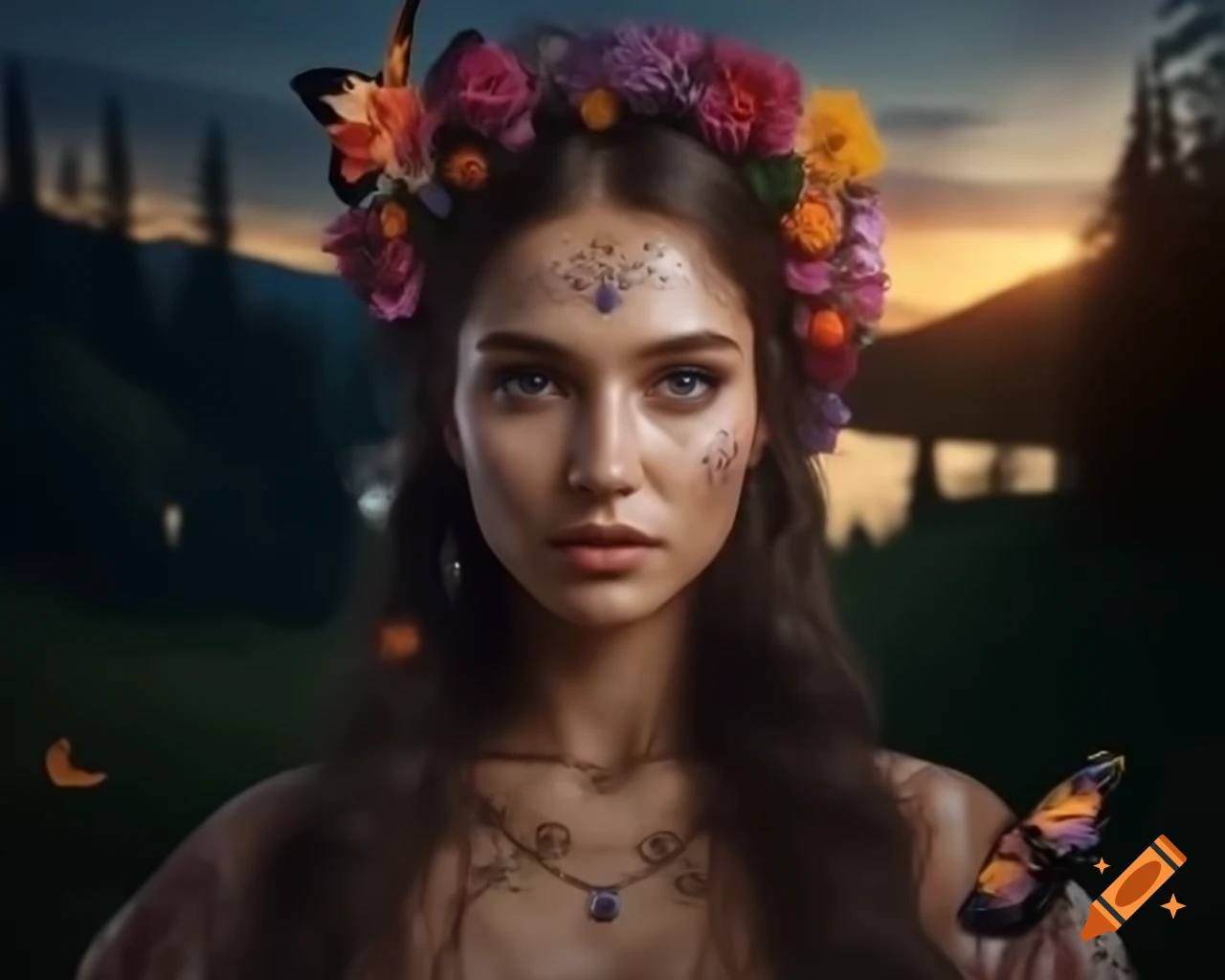 Hyperrealistic portrait of Slavic woman with flowers and butterflies in her hair