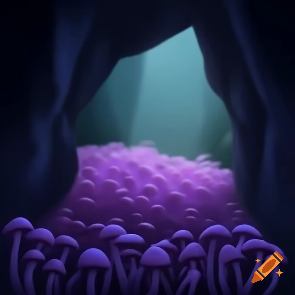 Field of purple mushrooms inside a dark cave