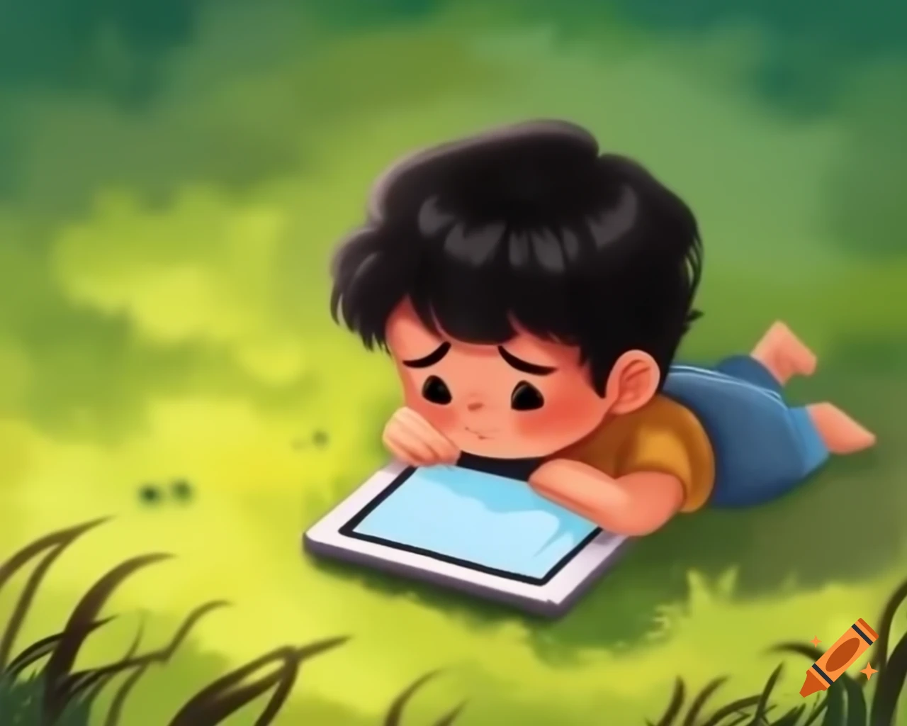 Sad boy with black wavy hair looking at tablet while sitting in grass