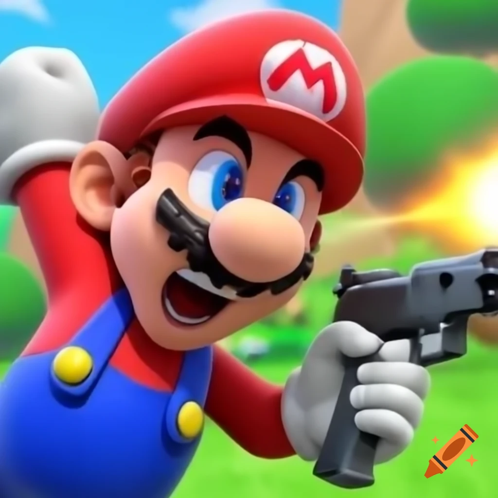 Cartoon character resembling Mario holding an AK47 in a dynamic pose