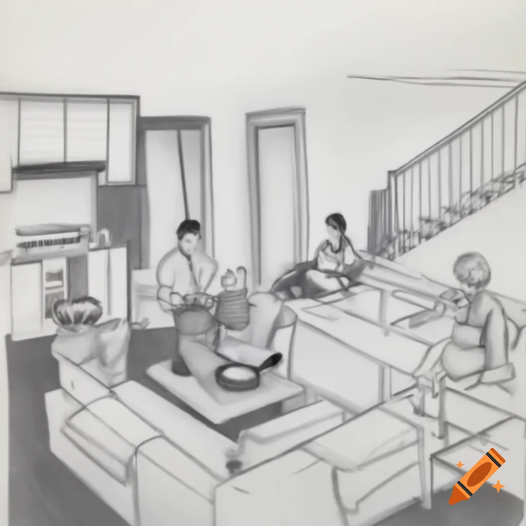 1960s east coast suburban house interior pencil sketch with family