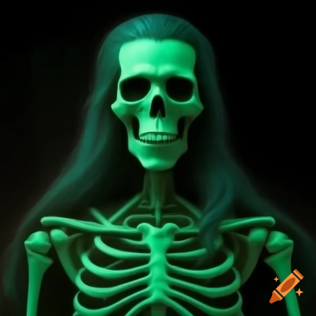 Skeleton man with long hair in a green theme