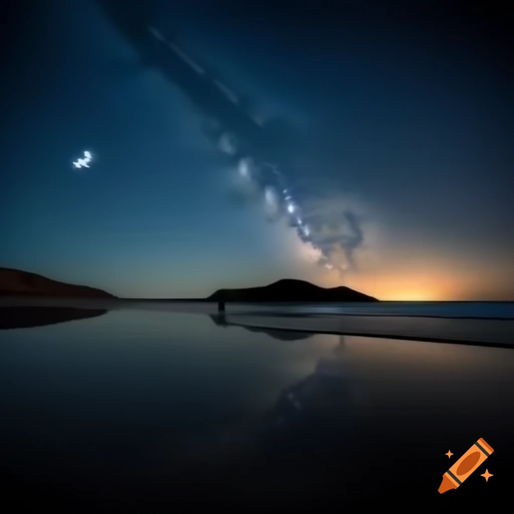 Dreamy night scene at beach with dunes and crescent moon reflecting colorful light