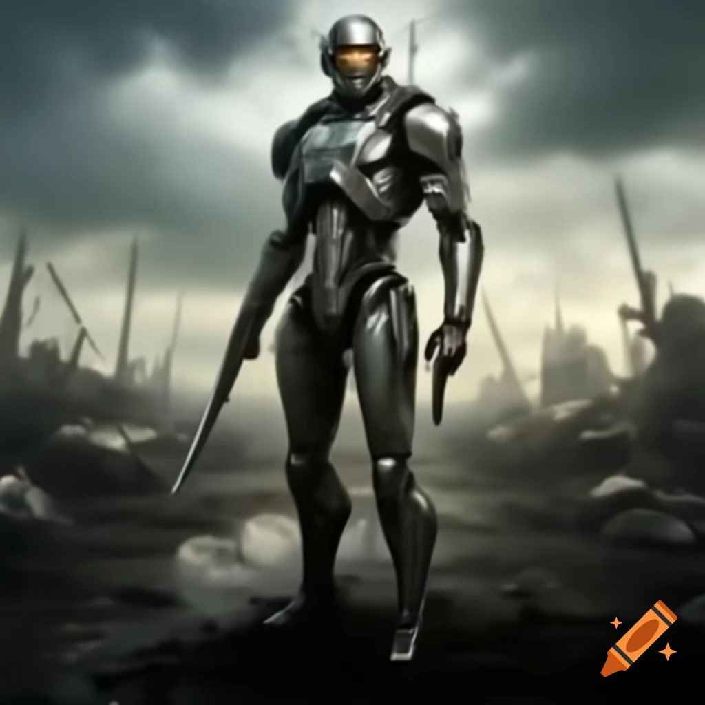 Cyborg warrior standing on a battlefield