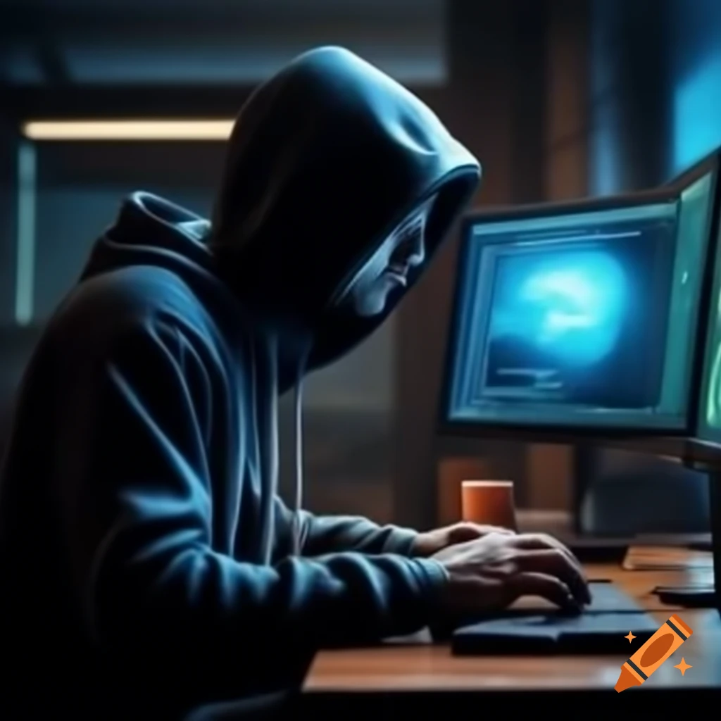 Hooded man in black hoodie hacking on computer while sipping coffee