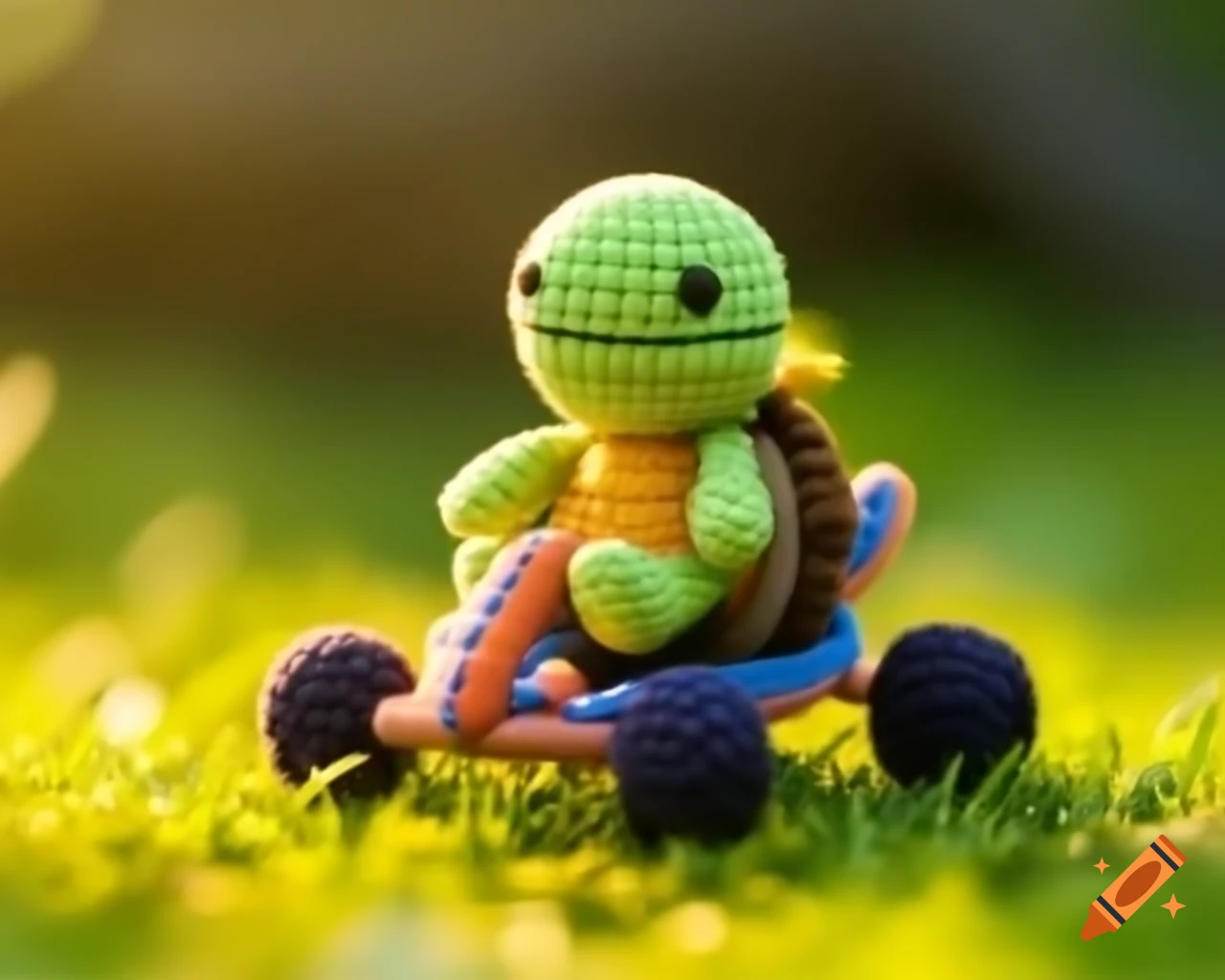 Kawaii amigurumi turtle in a kart on grass