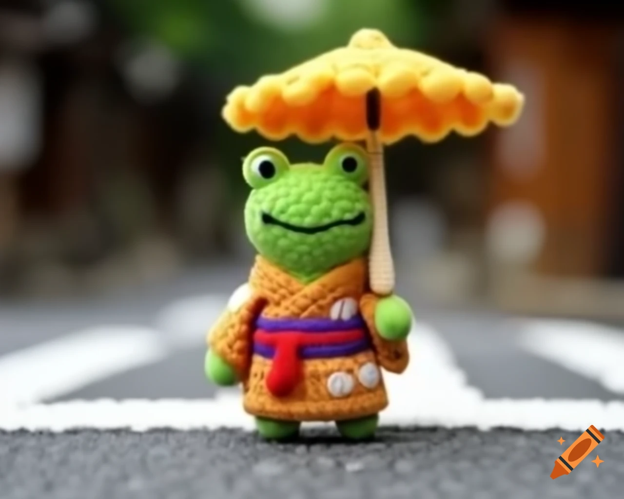 Cheerful crochet amigurumi frog in kimono holding umbrella on Japanese street