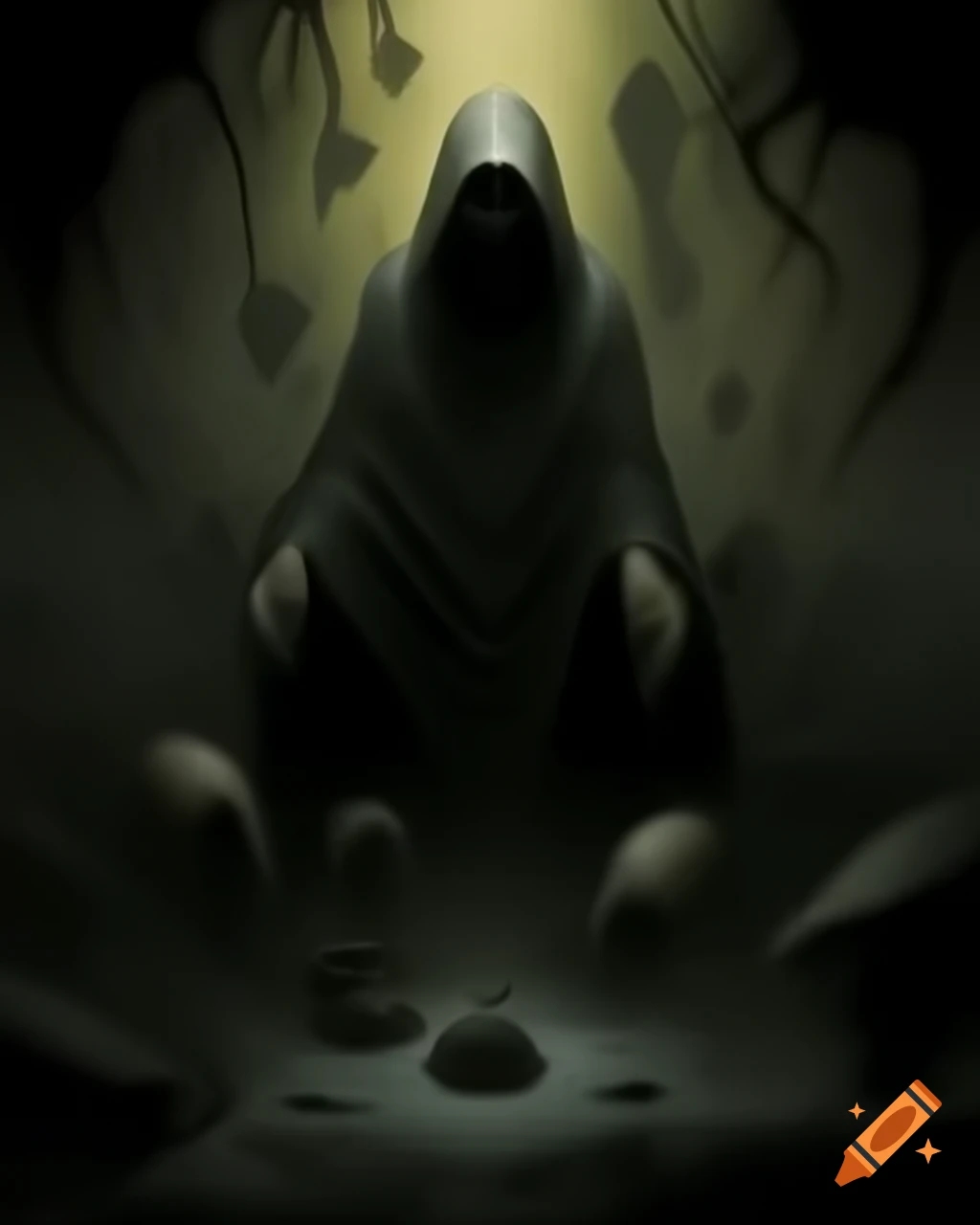 Dark, ominous environment featuring muted tones and shadows for a foreboding atmosphere