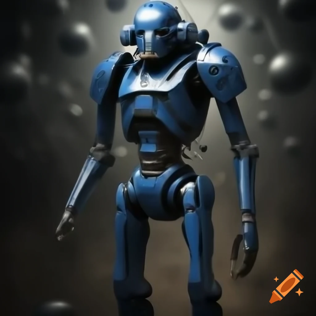 Blue combat droid with skull-inspired head, ready for battle against shimmering backdrop