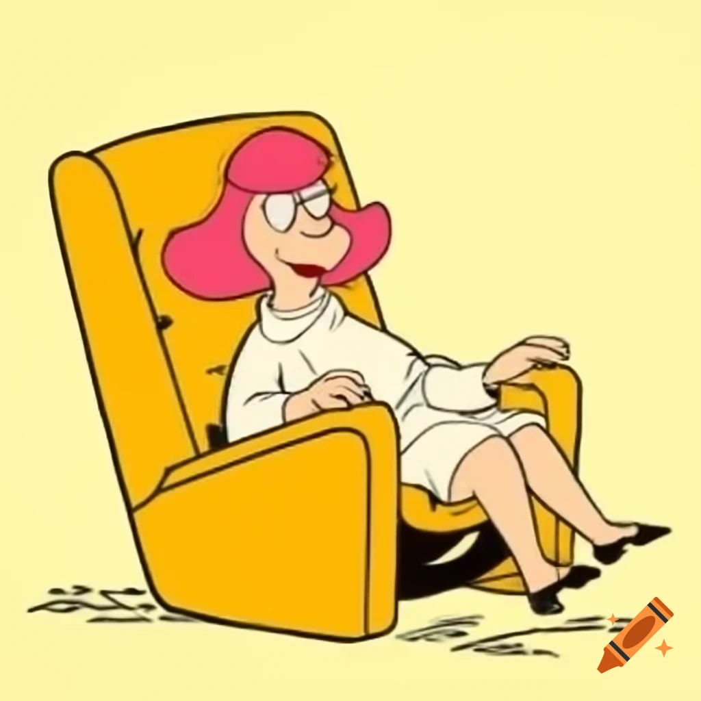 1970s cartoon of a woman styling her hair in yellow-brown recliner