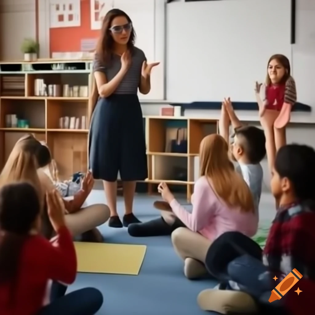 Diverse group of young students clapping in music classroom with teacher wearing glasses