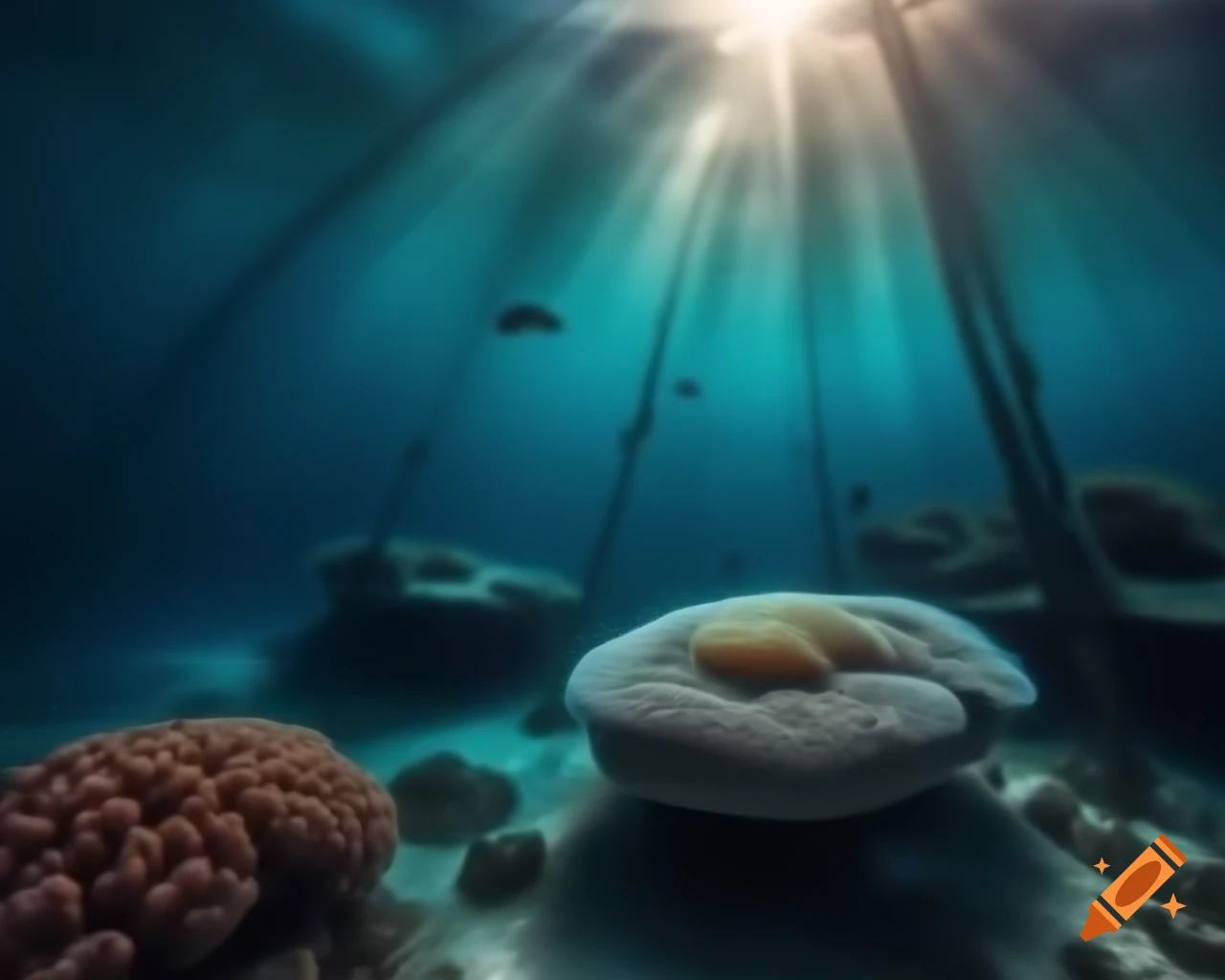 Mystical saltwater mountain lake in ocean, clear waters with colorful fish and coral