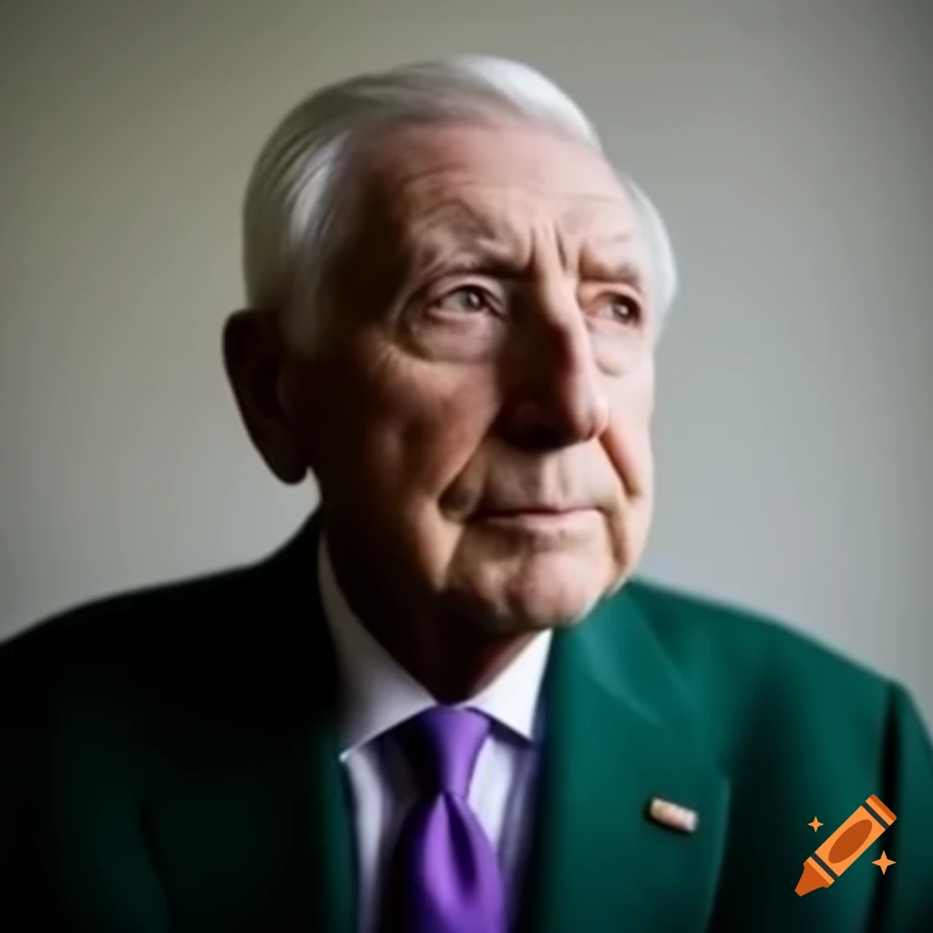 Serious politician in dark green suit and purple tie on craiyon