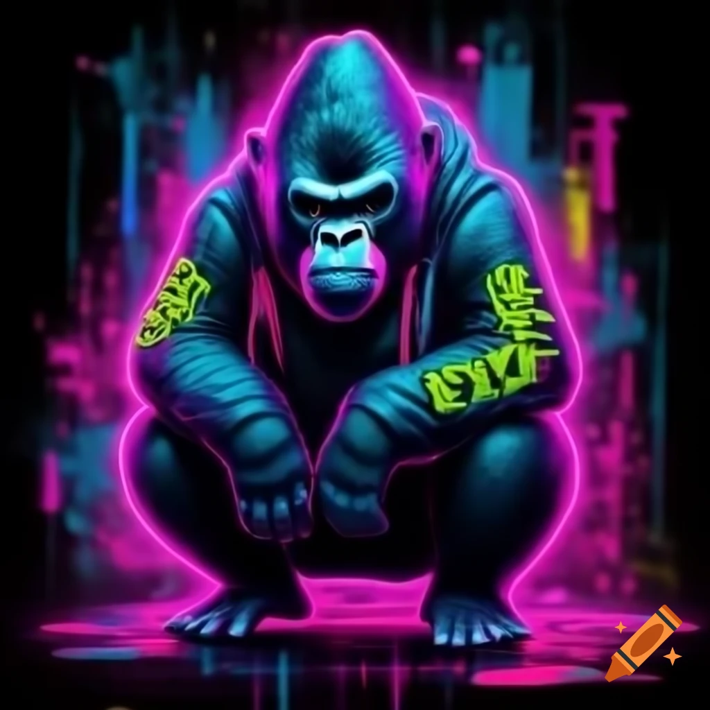Crouching gorilla in hoodie with neon graffiti designs