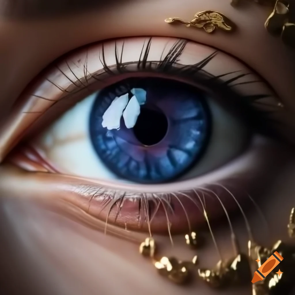 Realistic close-up of a violet-indigo eye with a gold ring around the pupil