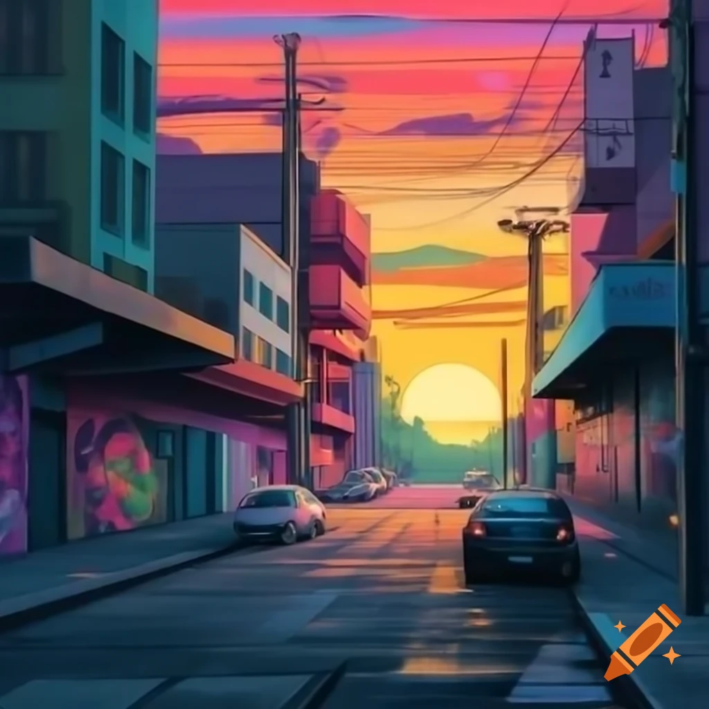 Colorful city ghetto with graffiti art under a rainbow sunset