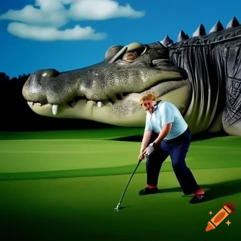 Satirical photorealistic portrait of trump golfing while being chased
